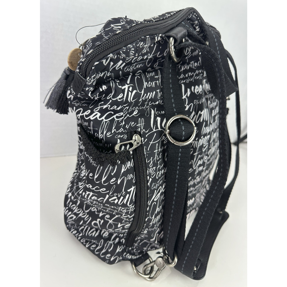 Sakroots Black Backpack White Script Print Convertible Travel Boho Bag Keychain - Picture 12 of 16